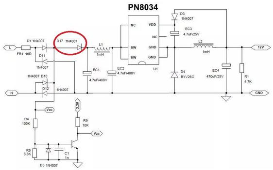 整流橋和輸入電容之間增加二極管家電過零檢測