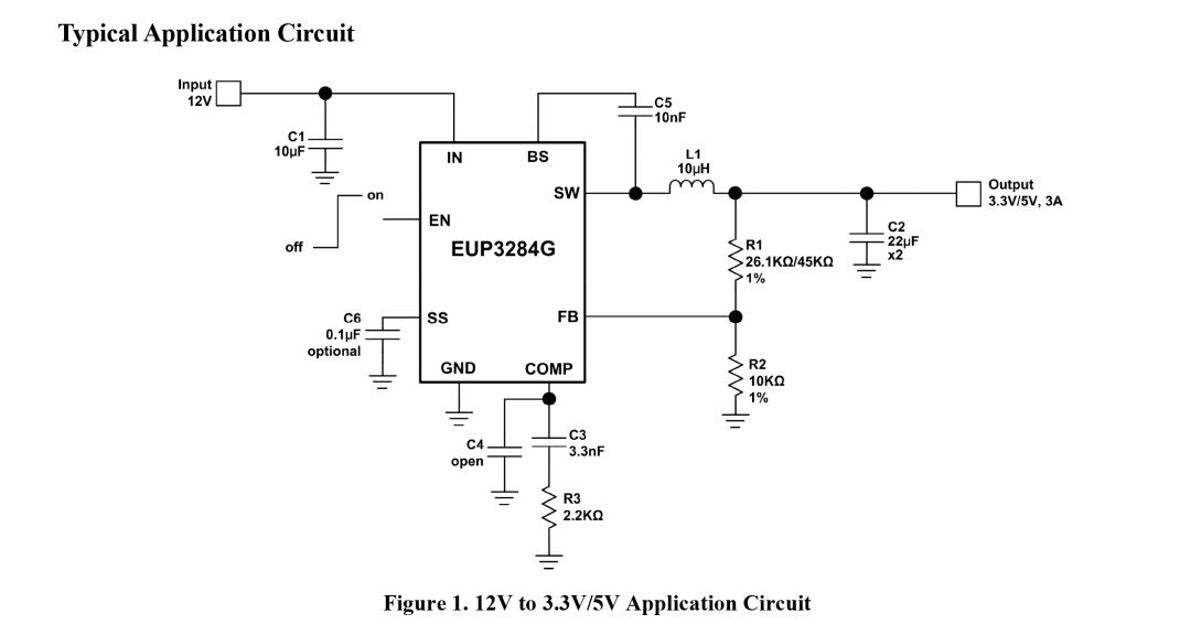 EUP3284H/G 12V至3.3V/5V典型應(yīng)用電路圖