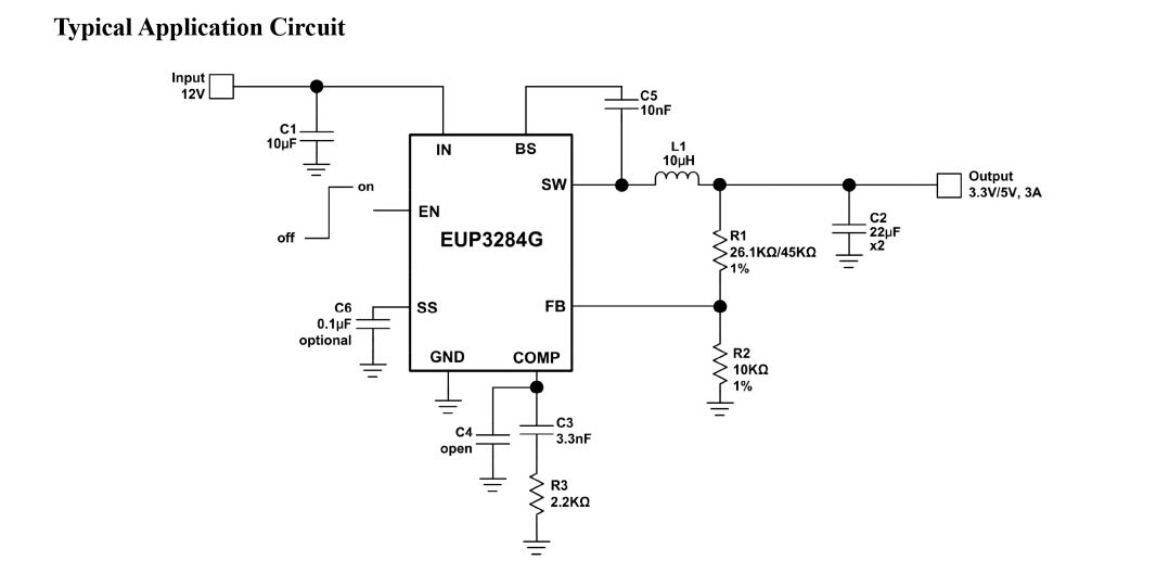 EUP3284H/G 32V至3.3V/5V典型應(yīng)用電路圖